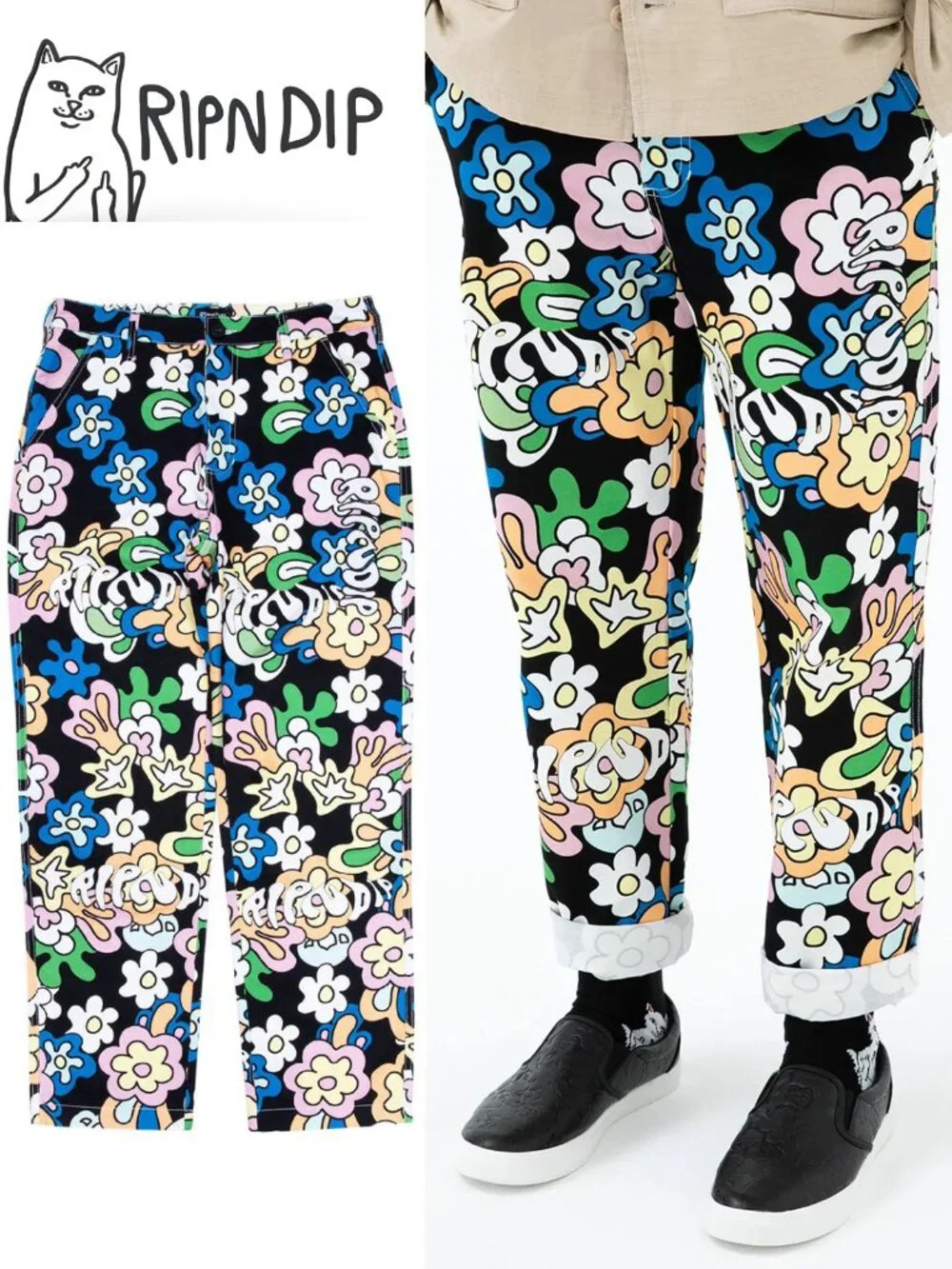 Ripndip Flower Child Cotton Twill Pants 30 Multicolor Retro Floral Logo Rare